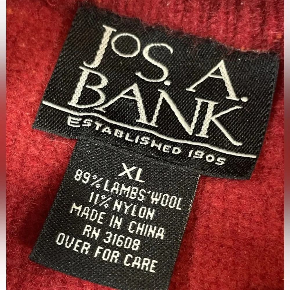 Jos. A. Bank Men's Lambswool Knit Sweater Pullover‎ with Leather Pull Zipper Red